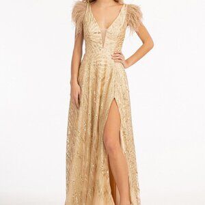 CHAMPAGNE  Feather-Shoulder Embellished A-line Dress w/ Open V-back GL3046